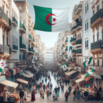 En livlig og fargerik gate i en algerisk by, med Algeries flagg veivende stolt over gaten