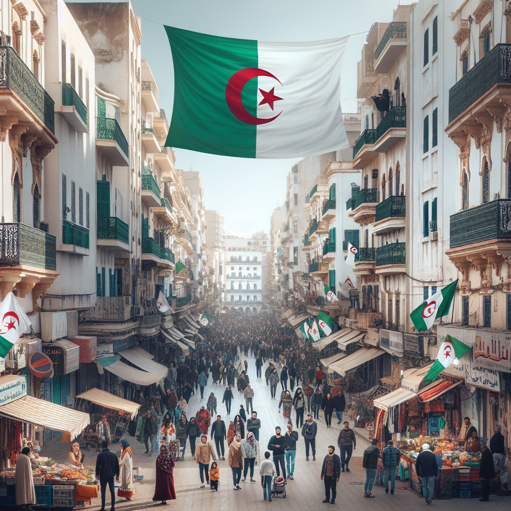 En livlig og fargerik gate i en algerisk by, med Algeries flagg veivende stolt over gaten
