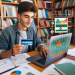 En studerende i Algerie som holder et kredittkort og ser på en laptop med økonomiske grafer