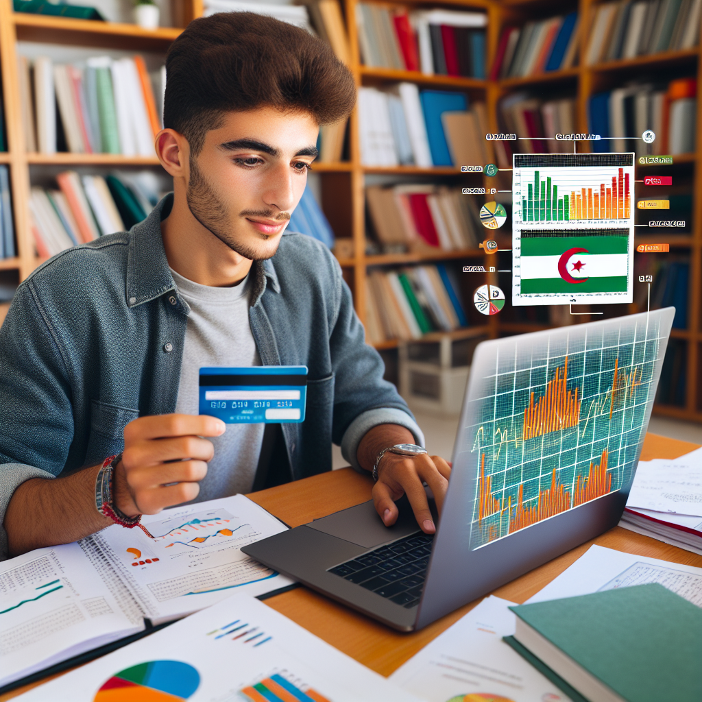En studerende i Algerie som holder et kredittkort og ser på en laptop med økonomiske grafer