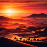 Storslåtte landskap av Sahara-ørkenen i solnedgang, med silhuetter av reisende og kameler i forgrunnen.