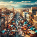 En livlig gate i en historisk by i Algerie med fargerike markeder og lokalbefolkning som går om sine daglige gjøremål under en klar blå himmel
