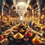 A vibrant, colorful market scene in Algeria showcasing diverse ingredients like couscous, spices, and olive oil.