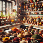 A vibrant Algerian kitchen with traditional dishes and spices
