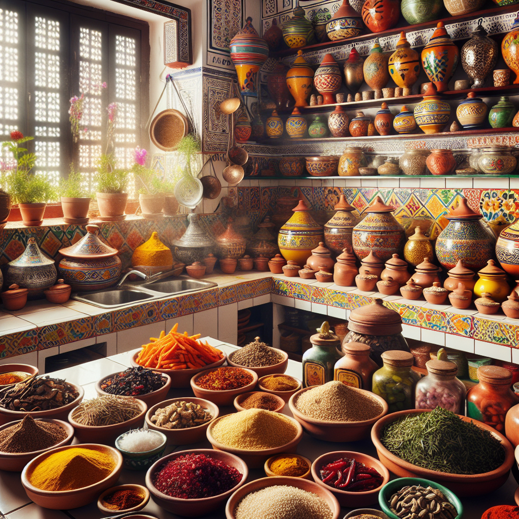A vibrant Algerian kitchen with traditional dishes and spices