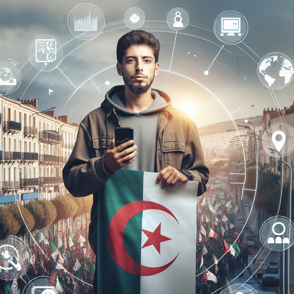 Ung algerisk aktivist foran en bybakgrunn, mobiltelefon og plakater i hånden, kombinasjon av digitale ikoner og nabolagsmøte, realistisk fotografisk stil