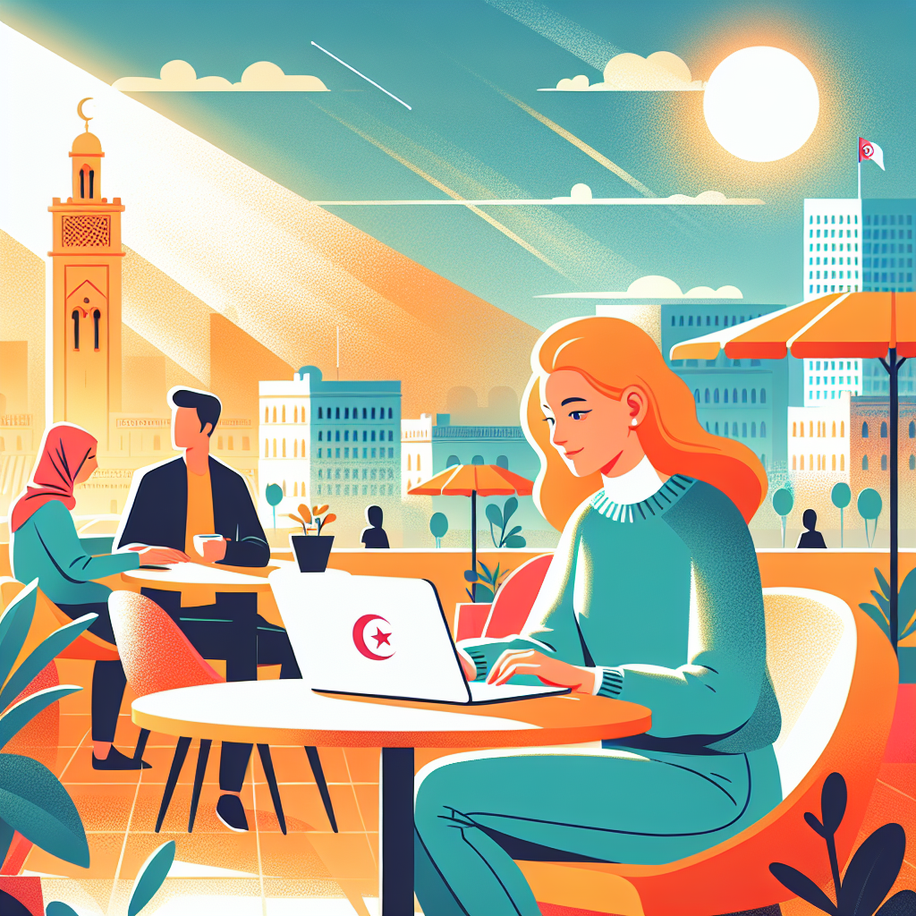 Ung student i Algerie med laptop på kafé, sollys, bybakgrunn og vennlig, moderne fargepalett