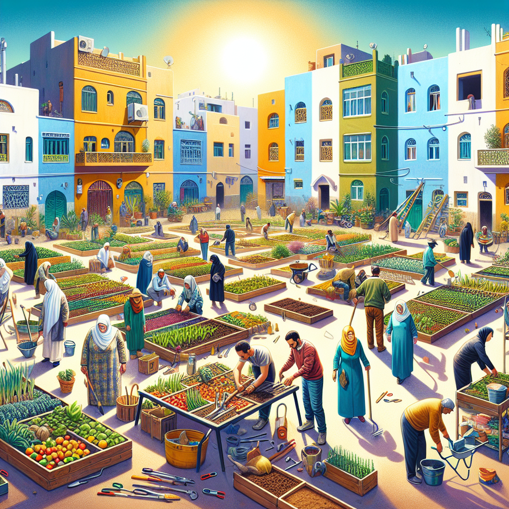 Et levende nabolag i Algerie med folk som jobber i en felles urbant hage, fargerike bygninger, smilende forskjellige aldre og verktøy, varm solopplysning