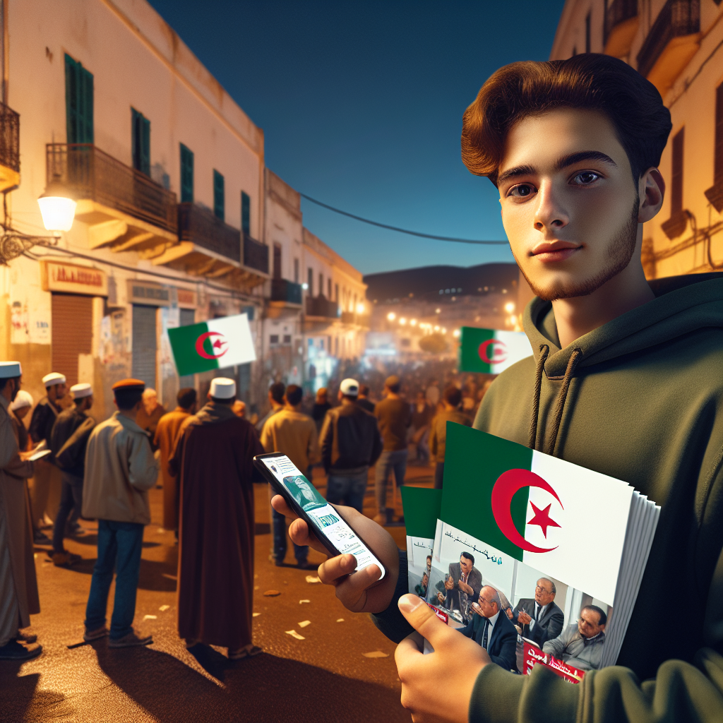 Ung algerisk aktivist i urbant miljø, mobiltelefon og plakater, folkemøte i bakgrunnen, varm kveldslampe, realistisk fotografisk stil