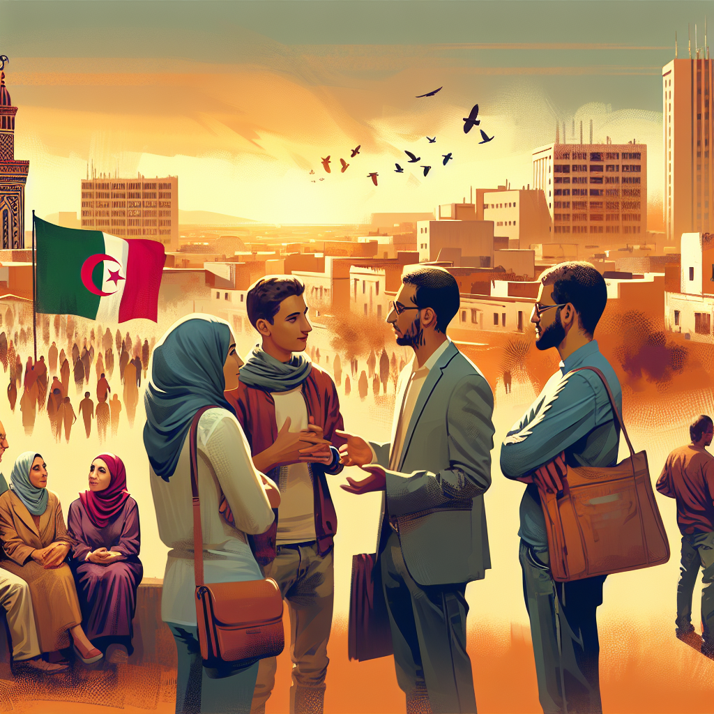 Ungre mennesker og lokale ledere i Algerie i en samtale foran bybakgrunn, varme farger, realistisk, symboler for politikk og dialog