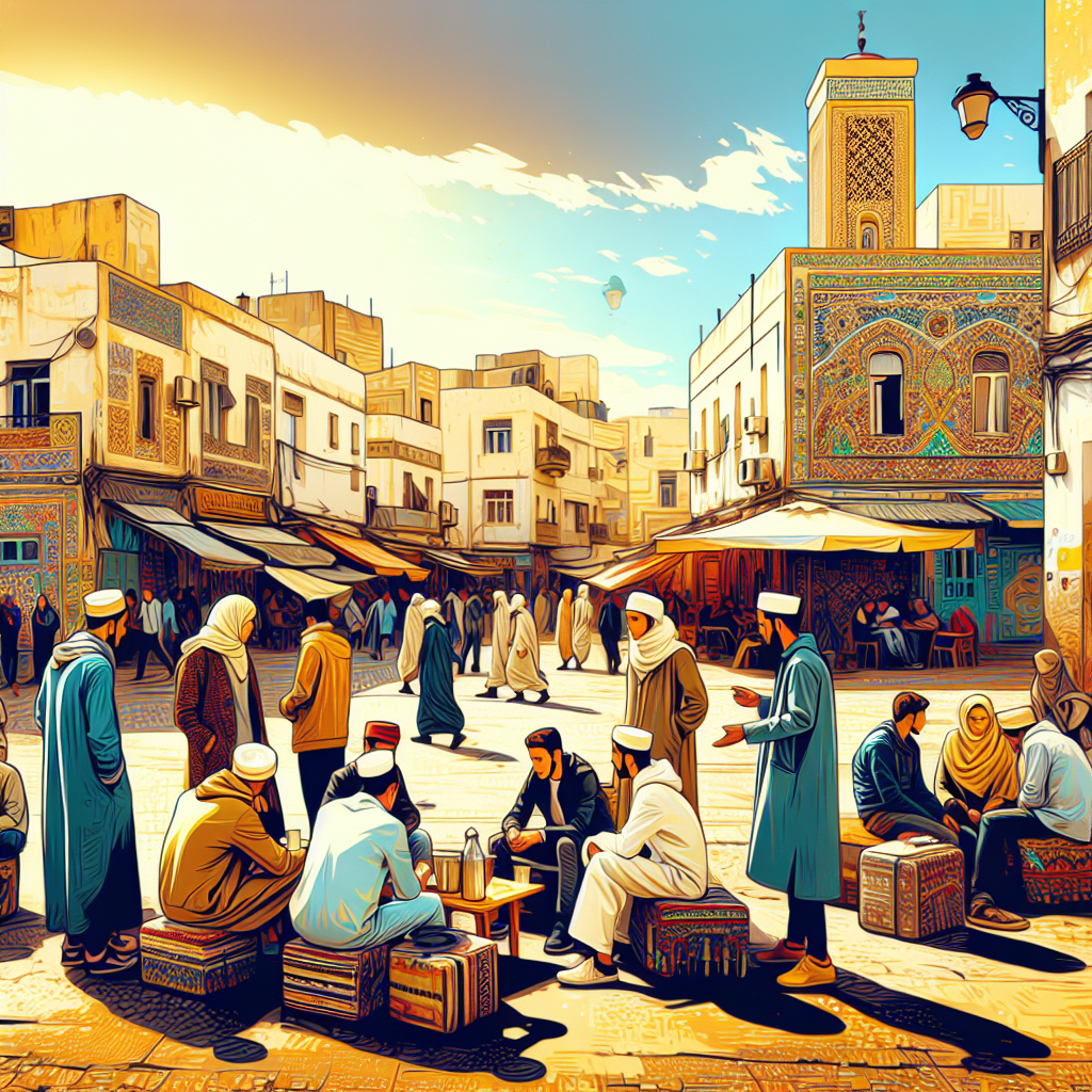 Bilde av en moderne algerisk byscene med gatekunst, unge mennesker i samtale, tradisjonelle og moderne klesdetaljer, varme farger og sollys