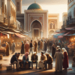 Et stemningsfullt gatebilde fra en algerisk by med mennesker i samtale foran en moské og fargerike markedsboder, mykt lys og kulturelt preg.