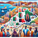 Fargerikt kart over Algerie med symboler som representerer arabisk, berbisk og fransk språkinnflytelse; inkluder mennesker i samtale, moderne urban og fjellandskap