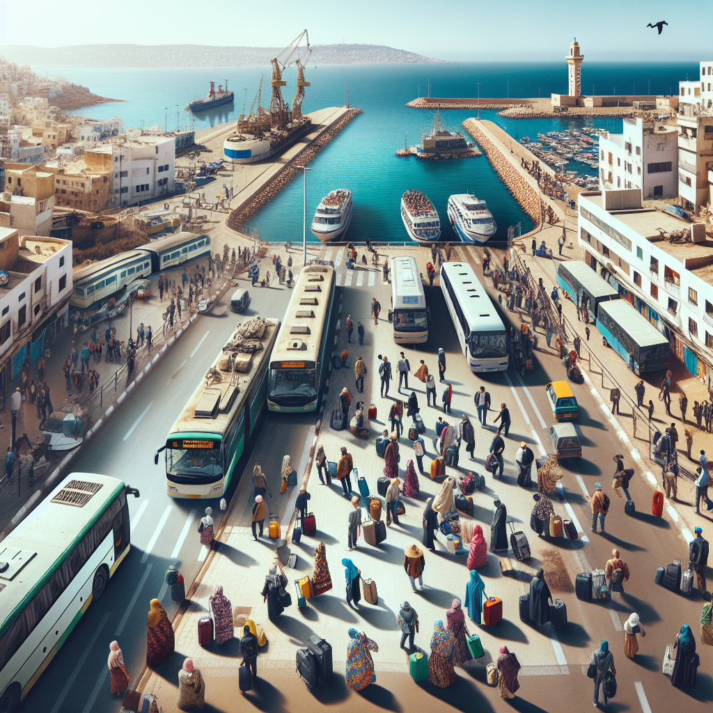 Flyfoto av en algerisk kystby med havn, buss og togstasjon, reisende med bagasje og mobil, varm sol og tydelige kulturelle detaljer